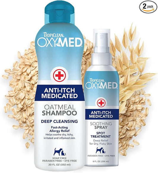 TropiClean Oxymed Cat & Dog Medicated Shampoo for Itchy Skin and Oxymed Medicated Itch Relief Spray Set, Skin Soothing Oatmeal Shampoo for Dogs & Cats | Set of 2