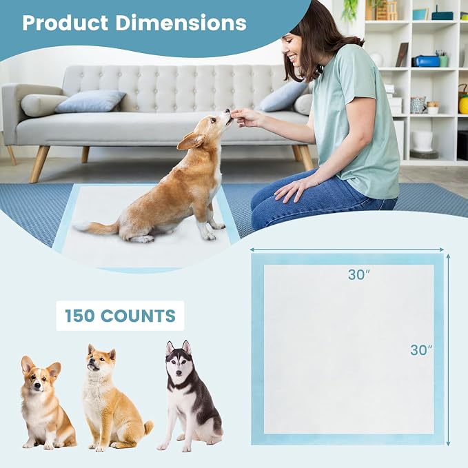 PETSITE Dog and Puppy Pee Pads, 6-Layer Leak-Proof Super Absorbent, Quick-Dry Surface, Indoor Outdoor Disposable Potty Training Pads, Blue & White (30" x 30" (150 Count))