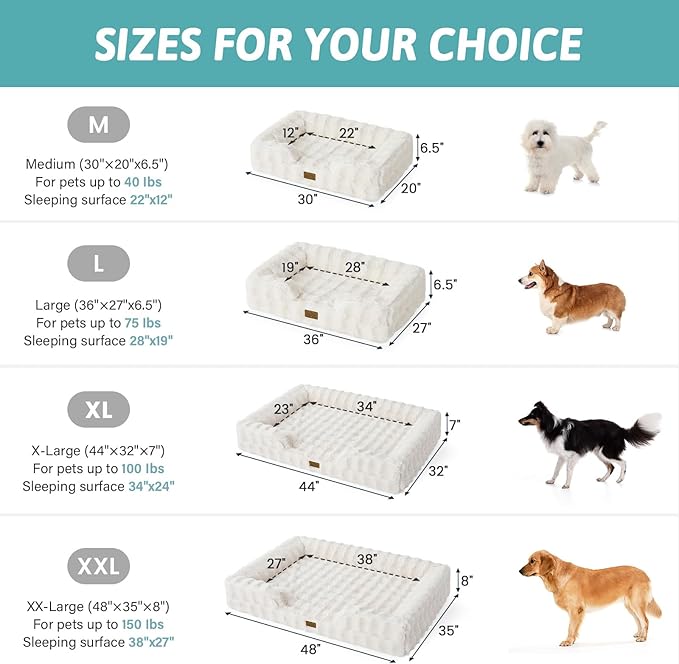 COZY KISS Orthopedic Dog Bed for Large Medium Size Dog, Soft and Warm Faux Fur Sofa for Pet Up to 75 lbs, Foam Bolster Anti-Slip Couch with Washable Removable Cover, L 36x27x6.5 inch, Beige