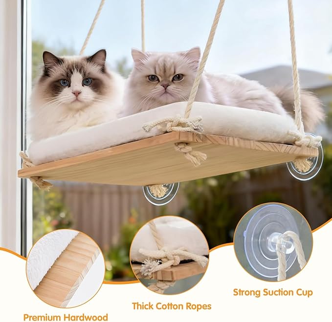 Large Cat Window Perch, Window Hammock Bed with Solid Wood Seat 4 Heavy Duty Suction Cups, Plush Cushion, Indoor Hammock Bed for Large Cats (XL)