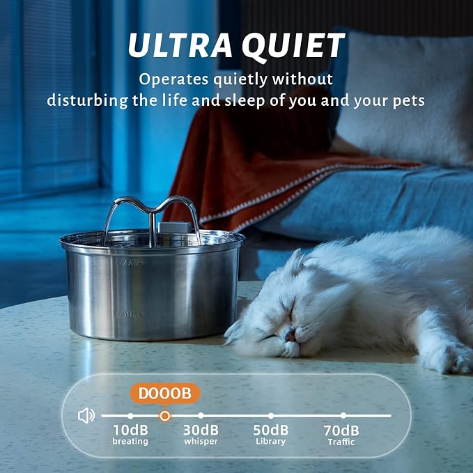 DOOOB Cat Water Fountain, 3.2L/108OZ Stainless Steel Cat Water Fountain, Automatic Metal Dog Water Fountains Water Bowl with Ultra-Quiet Pump and 8 Filters & 8 Sponges