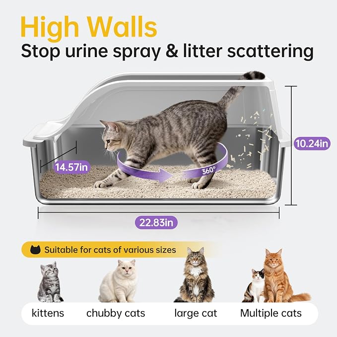 Stainless Steel XL Cat Litter Box for Cats, High-Sided Design Prevents Urine Leakage, Non-Stick, Easy to Clean, Includes Scoop, Gray XL 2 Pack