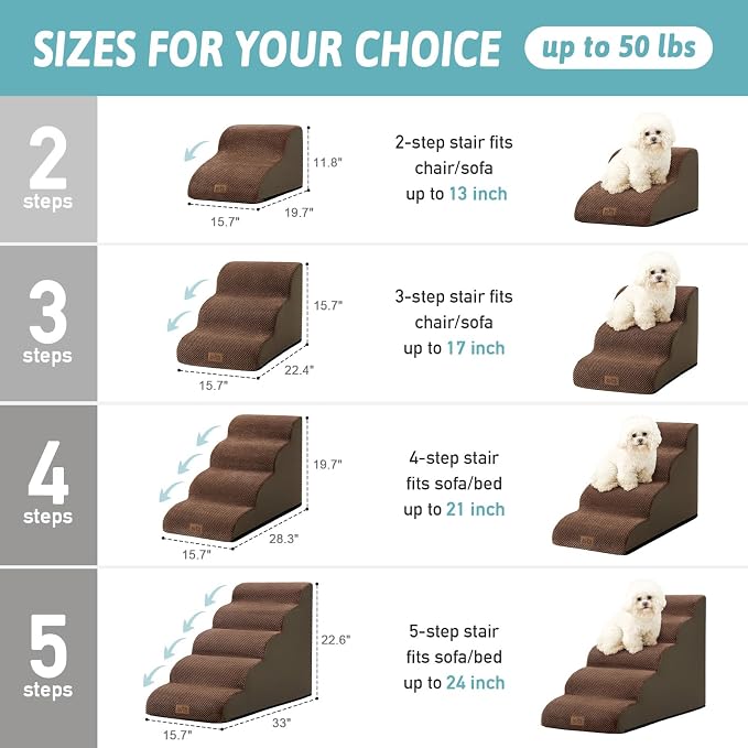 COZY KISS Dog Stairs for Small Dogs 15.7" H, Curved Dog Step for Puppy, Older Cat, Medium Pet Ramp for Sofa, Couch or Chair, Ladder with High Density Foam, 3 Step, 15.7x22.4x15.7 inch, Brown