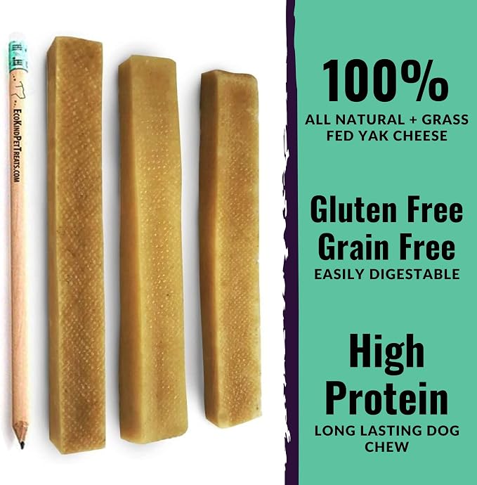 EcoKind Yak Cheese Himalayan Dog Chews, Yak Chews for Large Dogs, Long Lasting Bone for Aggressive Chewers, Only 3 Ingredients, Natural High Protein Treats, No Additives, Lactose Free, Large - 3 Chews