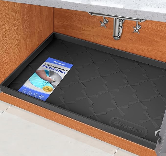 SIKADEER Waterproof Under Sink Mat 22x19, Raised Edge Silicone Mat Under Sink Shelf Liner, Sink Protector Kitchen Cabinet Tray for Bathroom Vanity and Small Cabinets, Cat Food Mat