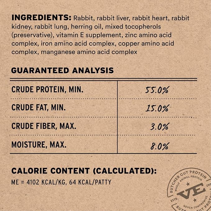 Vital Essentials Freeze Dried Cat Food, Raw Rabbit Mini Patties | Complete Meal or Topper | Easy to Portion and Rehydrate | High Protein, Grain Free Dry Cat Food | 8 oz Bag