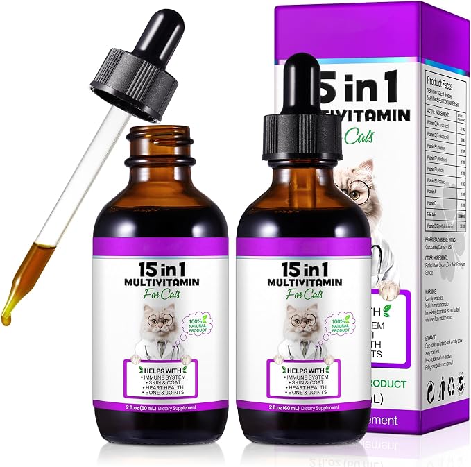 VOSIFSDIY Cat Multivitamin,15 in 1 Cat Vitamins Liquid Drops Supplements for Heart Health, Bones, Joint, Skin & Coat, Bladder, Immune System Support 60ml-2pcs