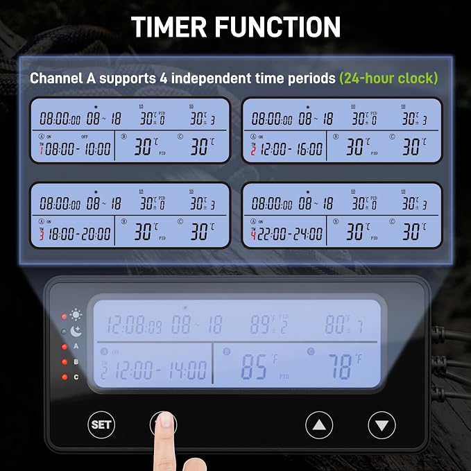 Reptile Temperature Controller with Timer, PID Reptile Digital Thermostat, 3-Channel Thermometer Hygrometer w/Memory, 2 IN 1 Day Night Temperature Humidity Gauge for Heat Lamp Heat Mat Fogger