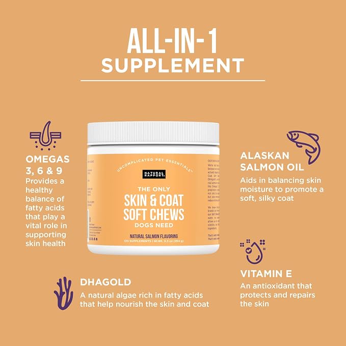 Natural Rapport Dog Skin and Coat Supplement - The Only Skin and Coat Soft Chews Dogs Need - 120ct Treats that Contain Salmon Oil and Omegas 3, 6, & 9