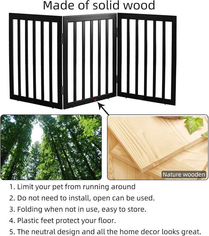 Dog Gate Indoor, Freestanding Dog Fence for The House, Doorways, Hallways,or Stairs,Pet Gate Foldable Wooden,Expandable 32" Height 3 Panels,Black