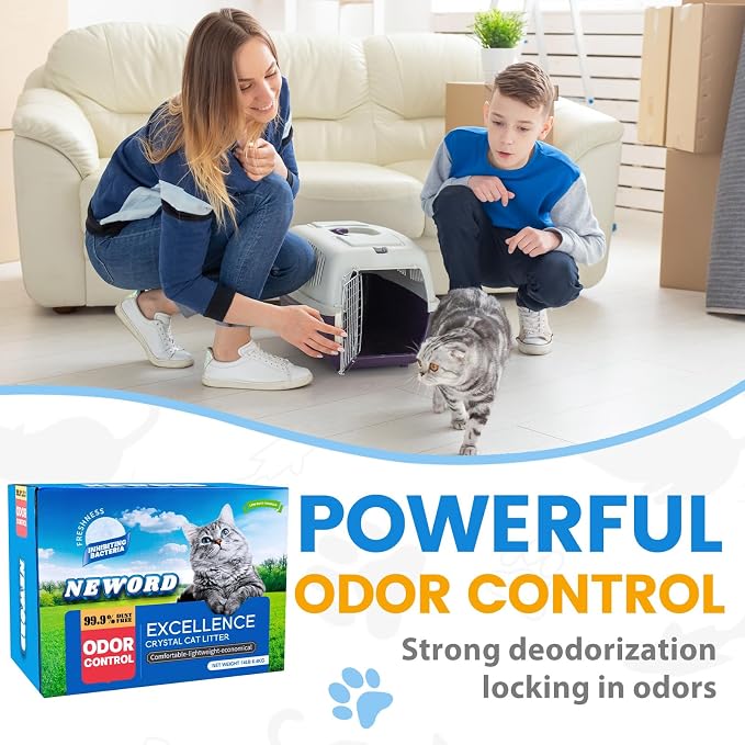 NEWORD Non-Clumping Crystals Cat Litter, Superior Odor Control Silica Gel Litter, Low Tracking & Dust-Free, Soft-On-Paws, Unscented, 14 lbs (2 Packs of 7lb Bags)