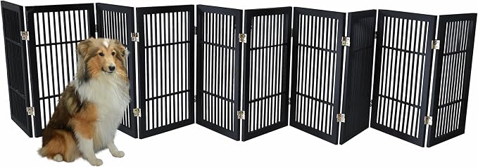Urnporium Pet Dog Gate Freestanding, Strong Durable Folding Wooden Fence, Portable Acacia Hardwood Safety Barrier for Indoor & Outdoor Use (Black Pet Gate, 10 Panel 30" Tall)