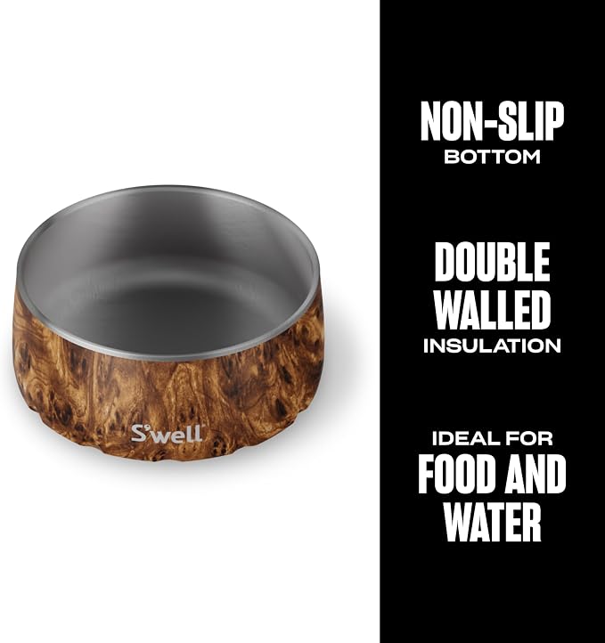 S'well Stainless Steel Pet Bowl, 16oz, Teakwood, for Small to Medium Size Dogs, Mess Free Design with Non Slip Rubber Bottom, Dishwasher Safe, BPA Free