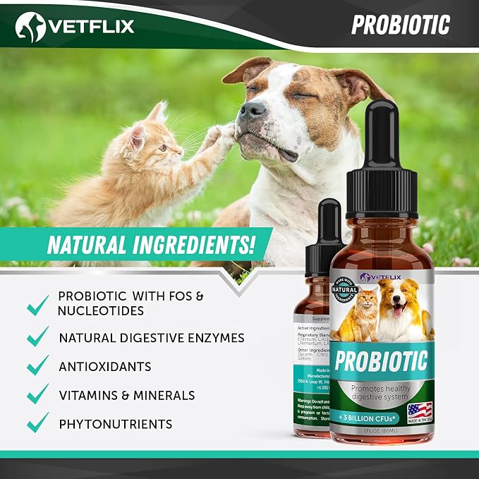 Premium Probiotics Liquid for Dogs, Cats, Puppies and Kittens, 2 Fl Oz | Digestive Enzymes, Prebiotics Supplement, Supports Digestive Health, Gut Balance