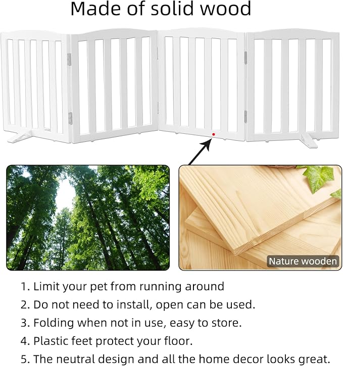 ZJSF Foldable Freestanding Indoor Dog Gate for House Wood White Long Pet Gates Dog Fence for Stairs Puppy Gates for Hallways, Puppy Gate,Support Feet Included 32 "Height-4 Panels