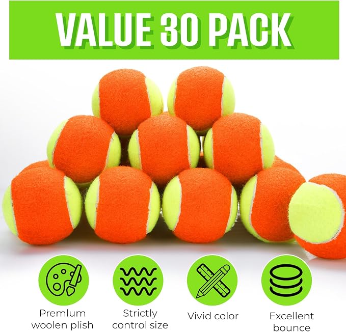 Foilswirl 30 Pcs Tennis Balls Bulk 50% Low Compression Orange Tennis Ball for Beginners Training Practicing Transition Pet Dog Playing Practice, 2. 56 Inch