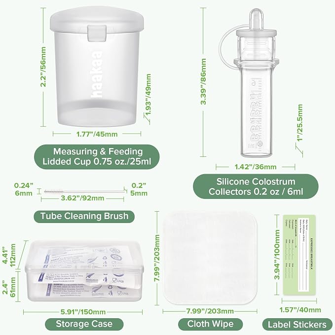 haakaa Silicone Colostrum Collector (0.2oz./6ml,6pcs) & Lidded Cup (0.75oz./25ml) Pack - Collect, Store & Feed Colostrum Ready-to-Use Pack, Reusable Colostrum Syringes Set for Liquid Gold