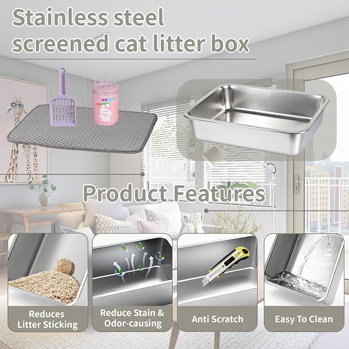 17.5" x 13.5" x 4" Stainless Steel Sifting Cat Litter Box - Metal High Sided Open Top Litterbox Odor Control Non-Clumping with Scoop Litter Mat Trash Bag, Anti-Leakage, Less Tracking, Easy Cleaning