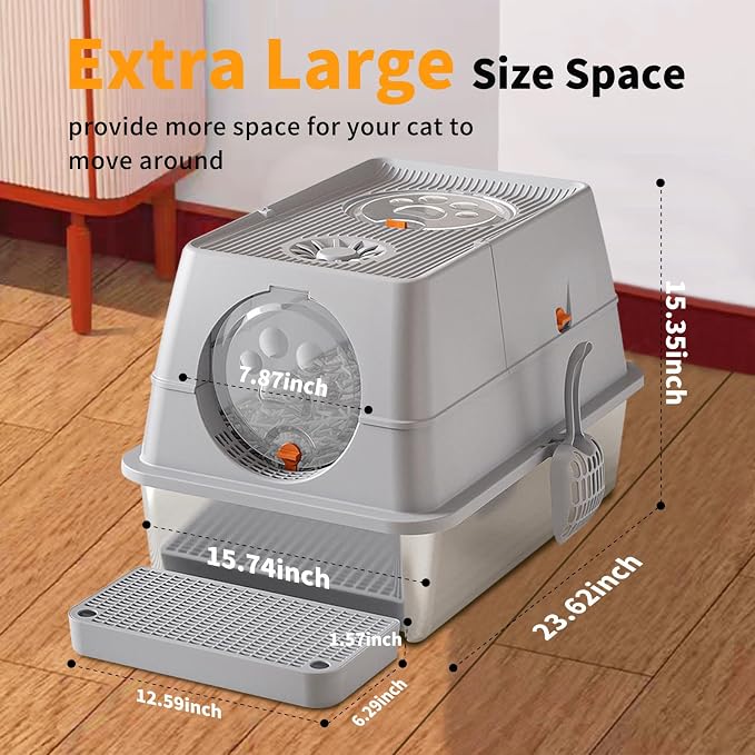 FAMILY'S BACKYARD Cat Litter Box Stainless Steel,Kitty Litter Box,Fully Enclosed Stainless Steel XL Large Cat Litterbox with lid, Built-in Deodorizer, Built-in Cat Litter Scoop, Easy to Clean