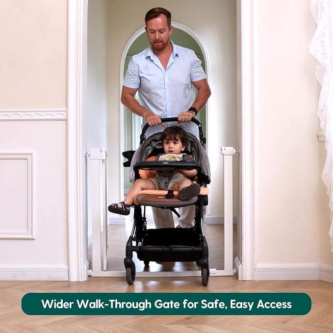 Babelio Baby Gate for Doorways and Stairs, 31-36" Pet Gate with Wide Walk Thru Door and Lock Indicator, No Drill Pressure Mounted Safety Gate with Double Lock and Self-Closing, White