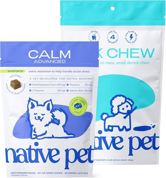 Native Pet Advanced Calming Chews for Dogs 60 Ct & 5 Small Yak Cheese Himalayan Dog Chews - Long Lasting Dental Sticks for Small Breeds Supports Mental Enrichment & Helps with Anxiety Related Behavior