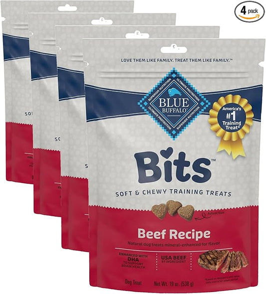 Blue Buffalo Bits Soft Dog Treats for Training, Made with Natural Ingredients & Enhanced with DHA, Beef Recipe, 19-oz Bag (Pack of 4)