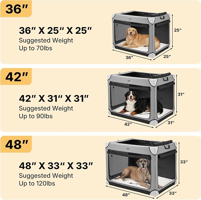 Veehoo Large Dog Crate for Indoor Outdoor, Portable Collapsible Travel Dogs Crate, 36 Inch Soft Foldable Pet Kennel with 4-Door Mesh Windows