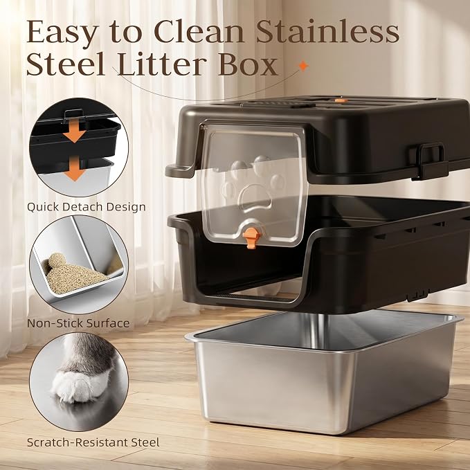 Jotesnew 2 Pack Extra Large Stainless Steel Litter Box with Lid, High Sided Enclosed Cat Litter Box for Multi-Cat Homes, Metal Cat Litter Pan, Dog Proof Front Entry Top Exit, Scoop Included, Black