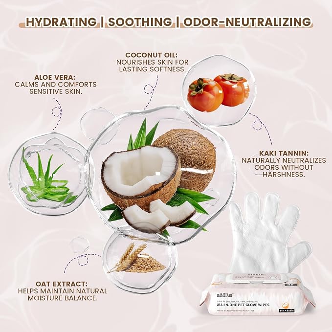 IMMHABI 50 Count Cleaning Deodorizing Pet Glove Wipes for Dogs & Cats, Hypoallergenic Dog Bath Wipes with Natural Deodorizer Persimmon Tannin, Pet Bathing Wipes for Horse Coat Care Coconut Scent