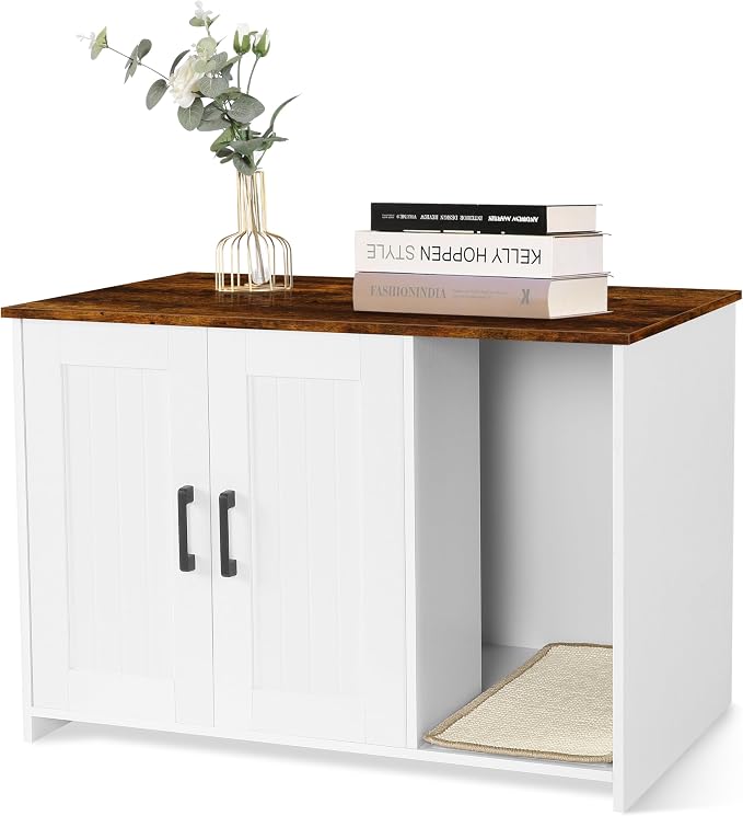 DWANTON Litter Box Enclosure, Cat Litter Box Furniture Hidden, with Scratching Mat, Wooden Cat Washroom Indoor, 31.5" L x 19.7" W x 21.7" H, White and Rustic Brown
