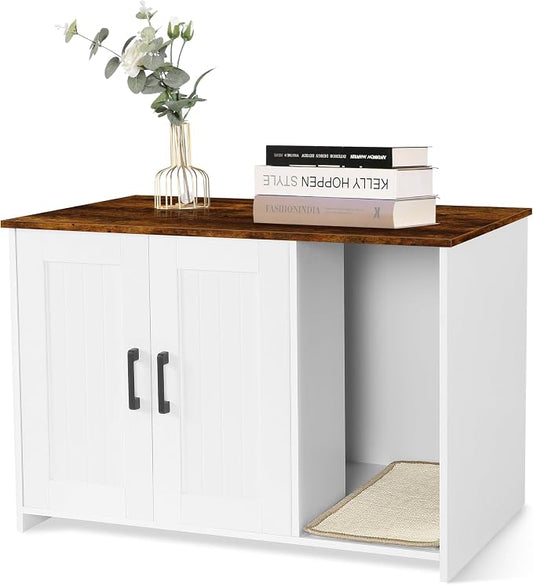 DWANTON Litter Box Enclosure, Cat Litter Box Furniture Hidden, with Scratching Mat, Wooden Cat Washroom Indoor, 31.5" L x 19.7" W x 21.7" H, White and Rustic Brown
