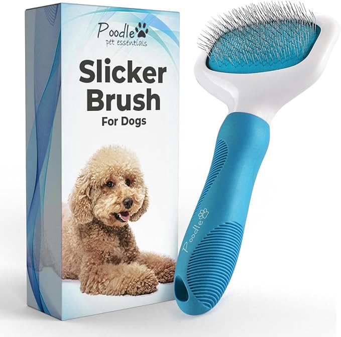 Poodle Pet Bundle - Dematting Fur Rake Comb Brush Tool with Steel Safety Blades for Detangling Matted or Knotted Undercoat Hair and Slicker Brush for Small and Large Dogs Pet Hair Remover