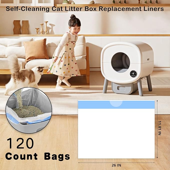 120-Pack Heavy Duty Cat Litter Box Liners for Fsitego & Fumoi Self-Cleaning Litter Boxes, Extra Thick Automatic Litter Box Bags, with Drawstring and Leakproof Cat Litter Bags