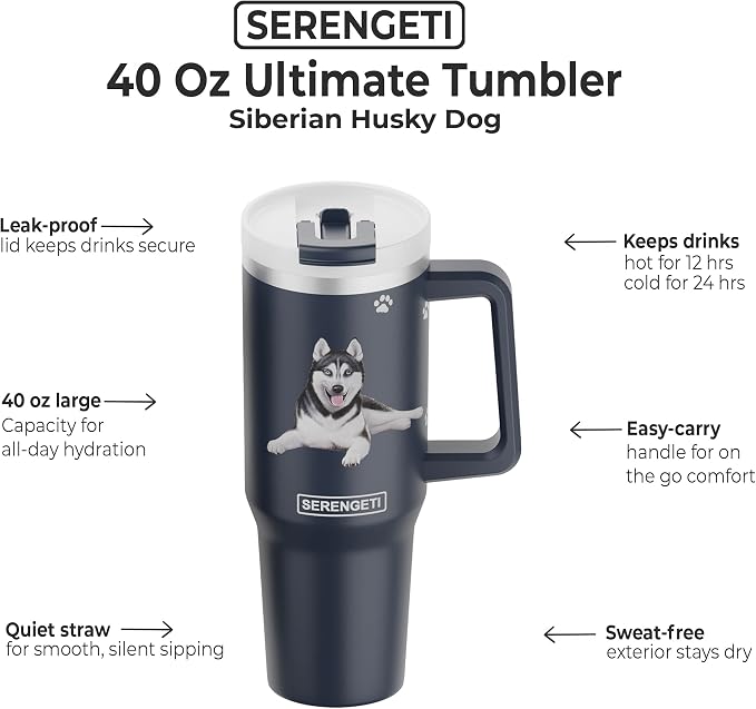 SERENGETI 40 Oz Ultimate Tumbler with Handle and Straw - Vacuum Insulated Tumbler with Straw and Lid - Stainless Steel Travel Mug for Pet Lovers - 3D Designs of your favorite Dog (Siberian Husky)