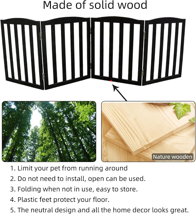 Freestanding Dog Gate Indoor,Doggie Gate Foldable Pet Gates for Doorways,Stairs or Hallways, Wooden Black Pet Gate for the House, Pet Fence,24 "Height-4 Panels