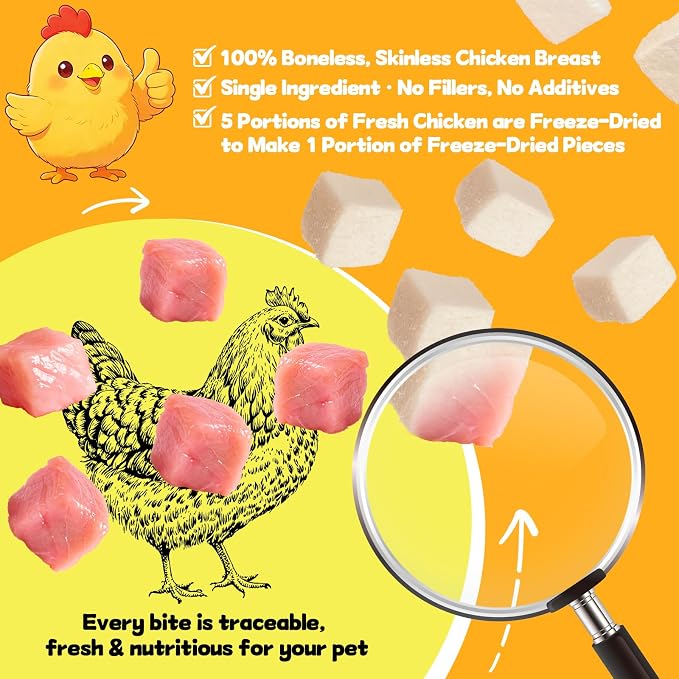 Freeze-Dried Chicken Breast Treats for Dogs & Cats |3.52 oz Premium Single-Ingredient Nutrition, All Natural, High Protein | Ideal Training Treats & Food Topper