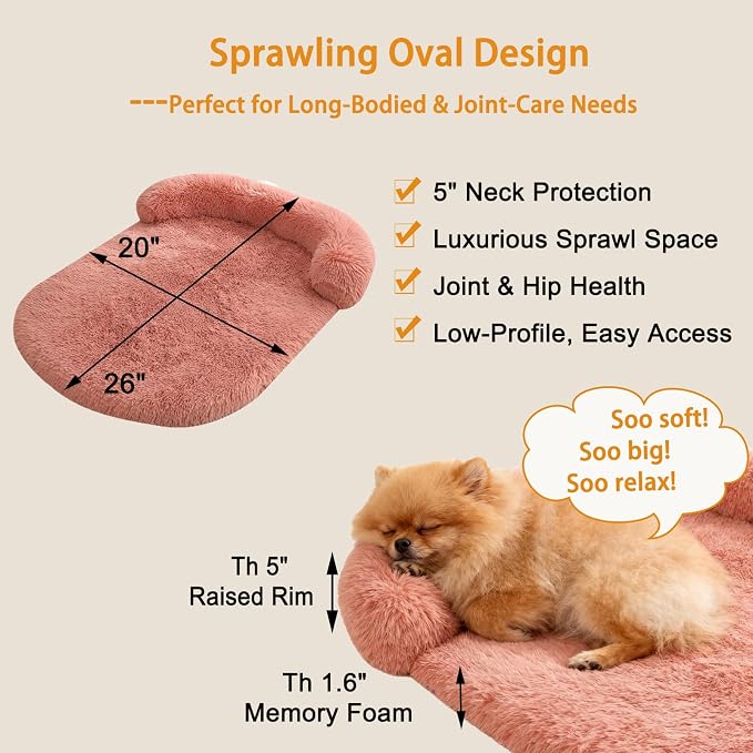 Orthopedic Dog Bed with Egg-Crate Base, Calming Dog & Cat Beds Long Plush with Raised Edges, Spine Friendly Pet Sleeping Mat for Small Medium Dogs, Machine Washable (Oval, Blush Pink 26"x20")