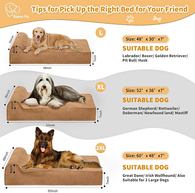 Rainmr Orthopedic Dog Beds for Large Dogs, 7" Memory Foam Dog Beds with Waterproof Liner, Durable Microsuede Cover, Removable and Washable, Nonskid Bottom, 60"x48"x7" XXL Khaki