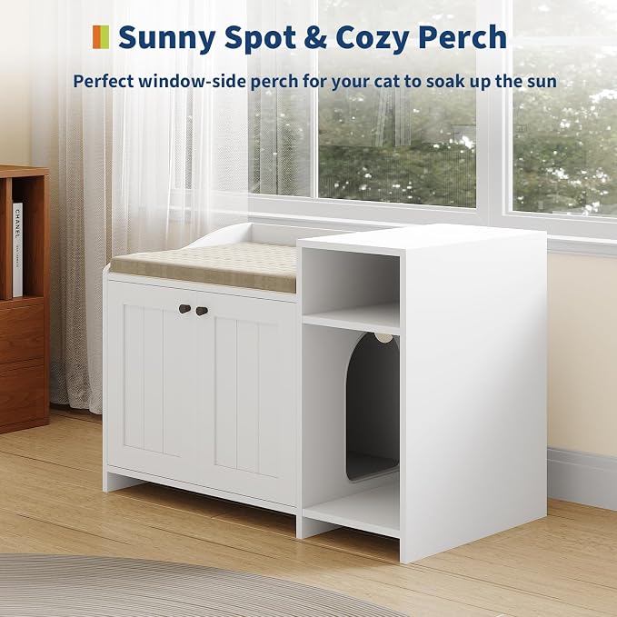 GarveeLife Cat Litter Box Enclosure Furniture, Hidden Litter Box Cabinet, Indoor Wooden Cat Washroom, Pet House, Dog Proof Hideaway Kitty Litter Box Enclosure, Side End Table with Storage, White