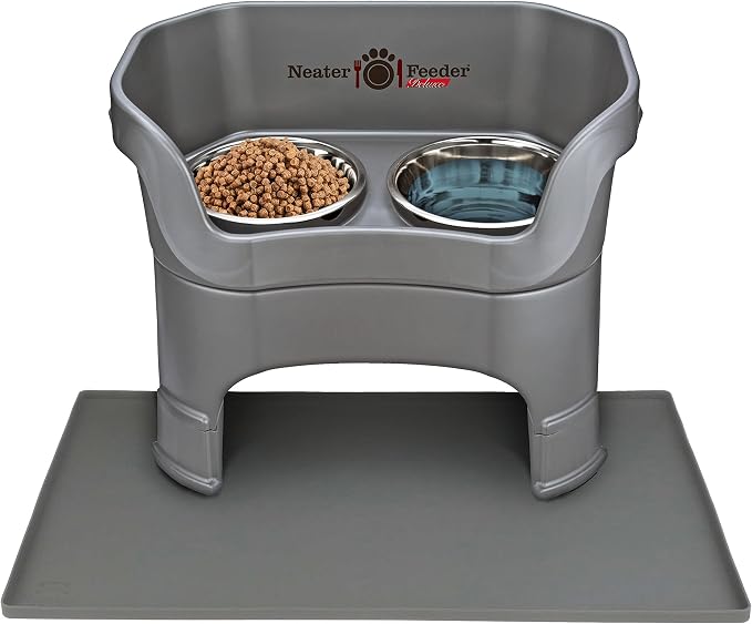 Neater Pets Neater Feeder Deluxe with Leg Extensions Mess-Proof Food & Water Bowls with Neater Mat Waterproof Silicone Mat - Protect Floors from Food & Water