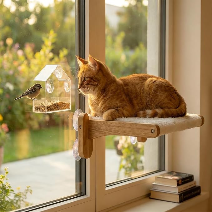 Cat Window Perch with Bird Feeder – Foldable Hammock, Strong Suction Cups for Indoor Cats(Nature)