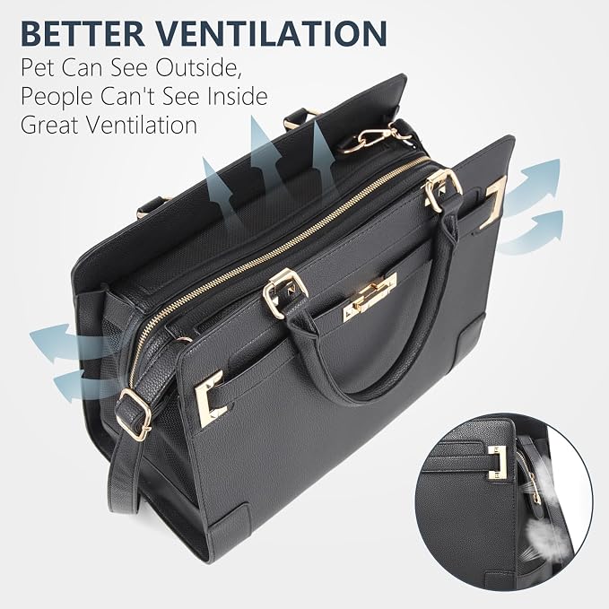 Fashion Dog Purse Carrier for Small Dogs and Cats with 2 Large Pockets PU Leather Pet Carrier Cat Carrier TSA Airline Approved Puppy Kitten Purse Carrier for Travel Hiking Road Trip, Black