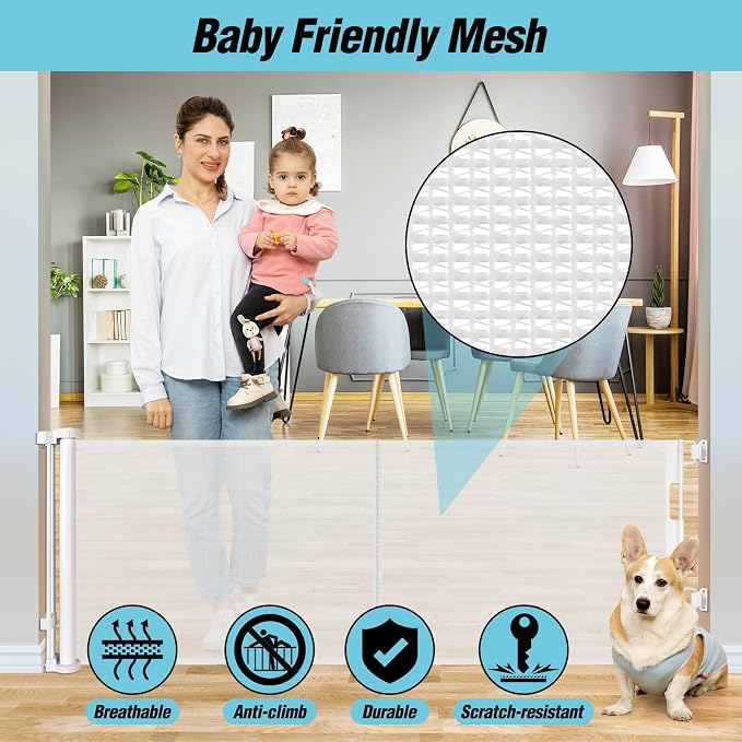 24 Inches Tall Retractable Dog Gate for The House, Short Baby Gates to Step Over, Extends up to 55" Wide, Reinforced Mesh Puppy Gate for Doorways, Step Over Pet Gate for Stairs, Indoor/Outdoor (White)