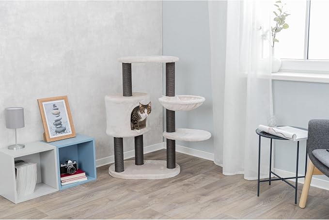 TRIXIE Moriles Cat Tower with Scratching Posts, Condo, Hammock, Padded Platform, Light Gray