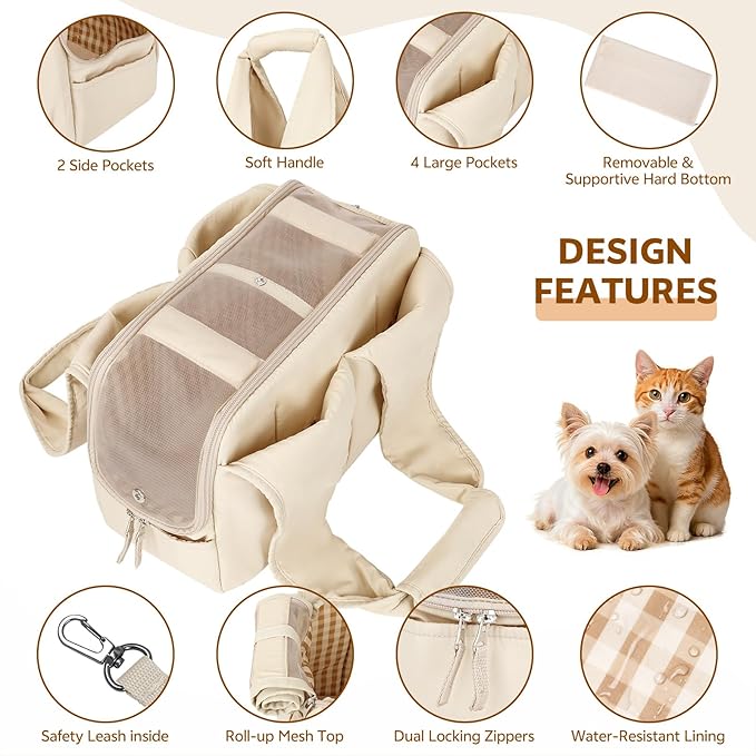 Dog Purse Carrier for Small Dogs and Cats, Soft-Sided Pet Tote Bag with 6 Large Pockets, Collapsible Travel Puppy Carrier, Fits Pets up to 13 lbs (Beige, 15.7" L x 8" W x 11.8" H)