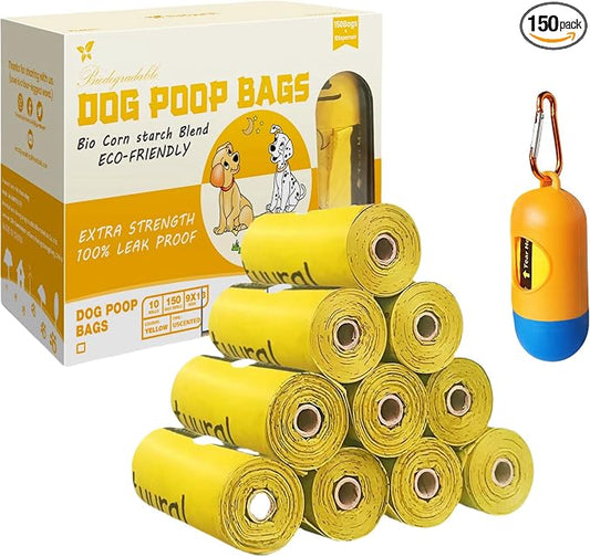 Dog Poop Bags-150 Counts with Holder (10 Rolls), Biodegradable Poop Bags, Eco-friendly and Easy to Open, Thick Dog Waste Bags (Yellow)