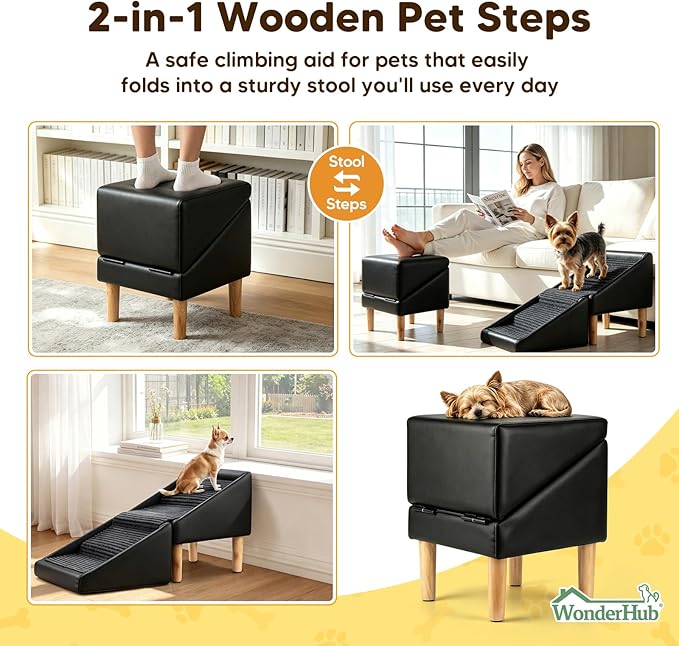 2-in-1 Foldable Dog Stairs & Ramp,Non-Slip, 17.13" H,(Black) | For small, puppy, senior, and injured dogs – easy access to couch or bed
