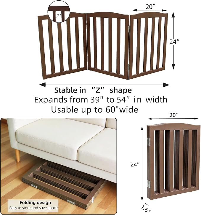 Freestanding Dog Gate Indoor,Doggie Gate Foldable Pet Gates for Doorways,Stairs or Hallways, Wooden Brown Pet Gate for the House, Pet Fence,24 "Height-3 Panels