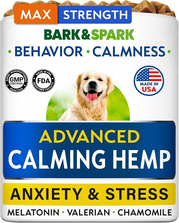 BARK&SPARK Advanced Calming Chews for Dogs - Separation Anxiety Relief for Dogs w/Hemp Oil + Melatonin - Relief During Fireworks, Storms - Aggressive Behavior, Barking, Stress Aid - 90Chews