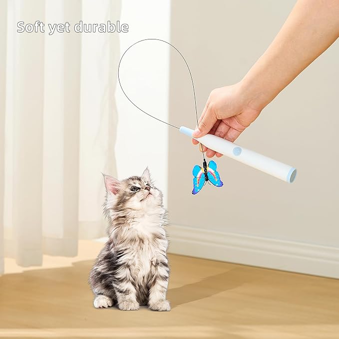 Electric Butterfly Cat Wand for Indoor Cats, 360 Spinning Self-Play with 2 Modes & Tap-to-Awake, Rechargeable Cleanable Suction Base, 3 Butterfly Refills, Interactive Cat Toy (A-Blue)